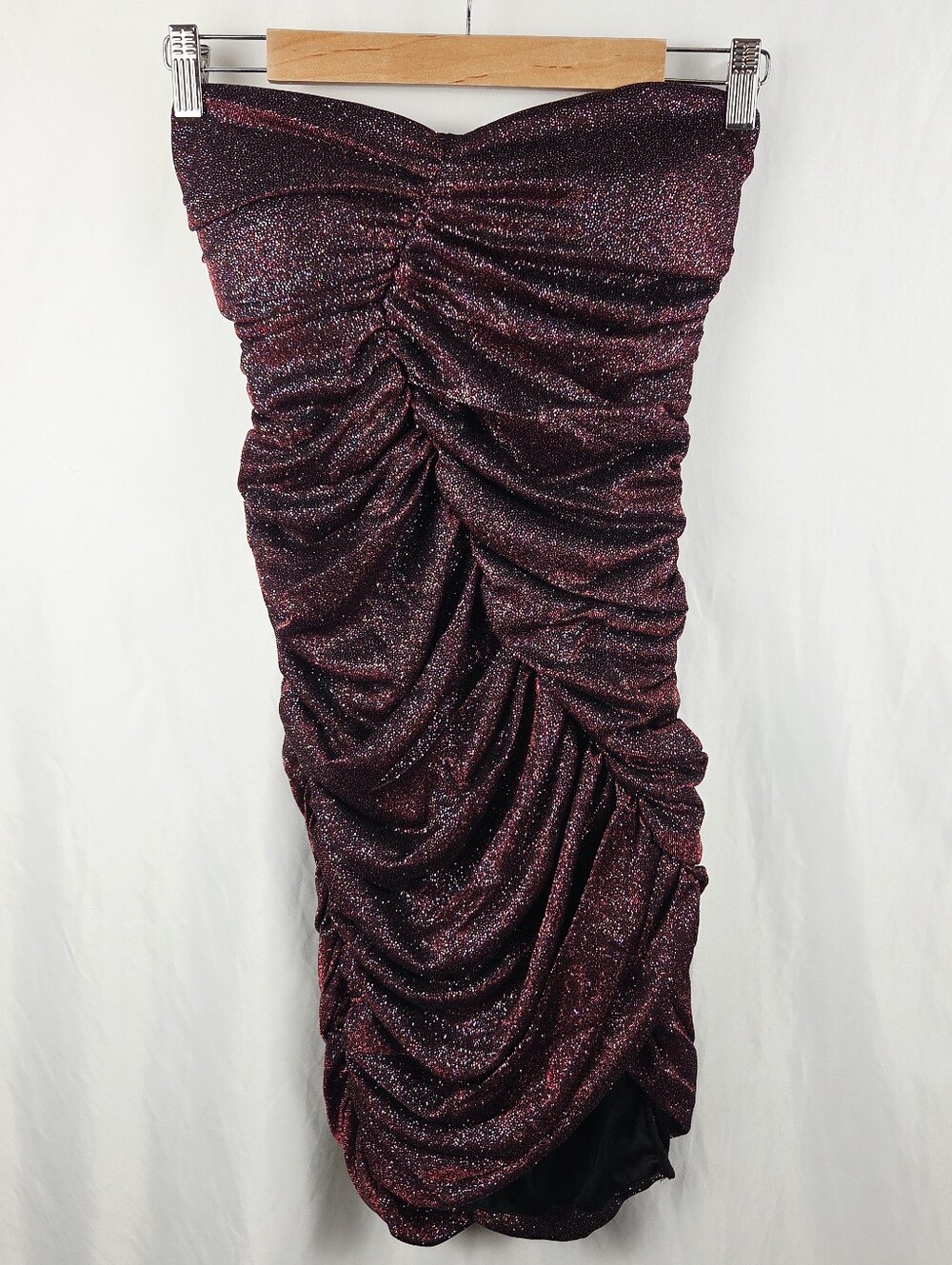 Womens Holiday Sexy Ruched Sparkly Bodycon Sweat Heart Mini Party Dress Burgundy